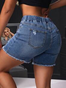 SHEIN SXY Quần short denim nữ có dây rút ở eo, túi, kiểu dáng rách gấu. - Màu xanh lam - Xem 3