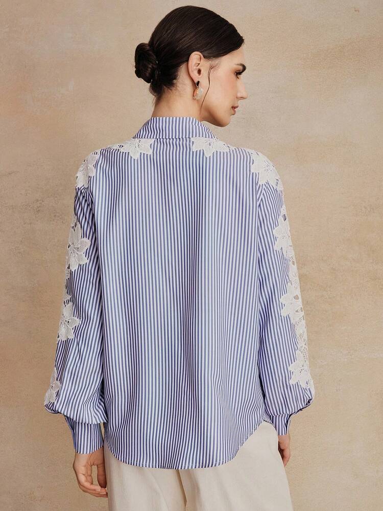 Women's New European Version Spring/Summer/Autumn Embroidered Patchwork Blue And White Striped Long Sleeve Shirt