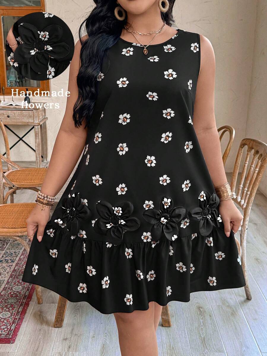 EMERY ROSE Đầm dệt kim thanh lịch, cổ tròn, không tay, cỡ lớn, in hoa, kiểu dáng thường ngày. - màu đen - Xem 1