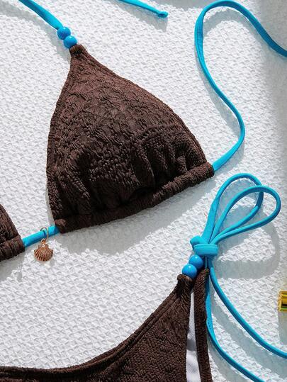 Bonvoyette 纹理面料串珠贝壳金属装饰系带比基尼套装