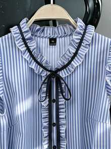 EMERY ROSE Plus Size Women's Striped Ruffled Sleeve Blouse With Elegant Bow Collar For Daily Work And Casual Wear - Blue - View 5