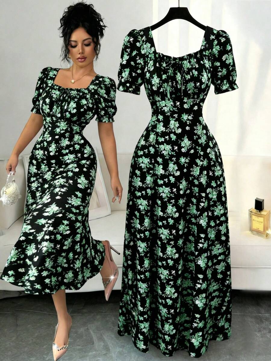 Rafferiza Women's Multicolor Elegant Long Dress With Sweetheart Neckline Puff Sleeves And Floral Random Print - Multicolor - View 1