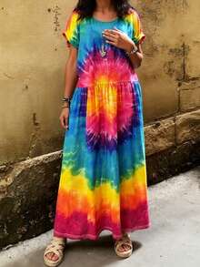 Linavere Women's Casual Tie-Dye Round Neck Loose Short Sleeve Dress, Summer - Multicolor - View 3