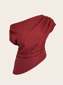 Auralis Plus Size Red Asymmetrical Neck Woven Fabric Blouse With Elegant Ruched Details Batwing Cap Sleeve Plain Regular Length - Red - View 2