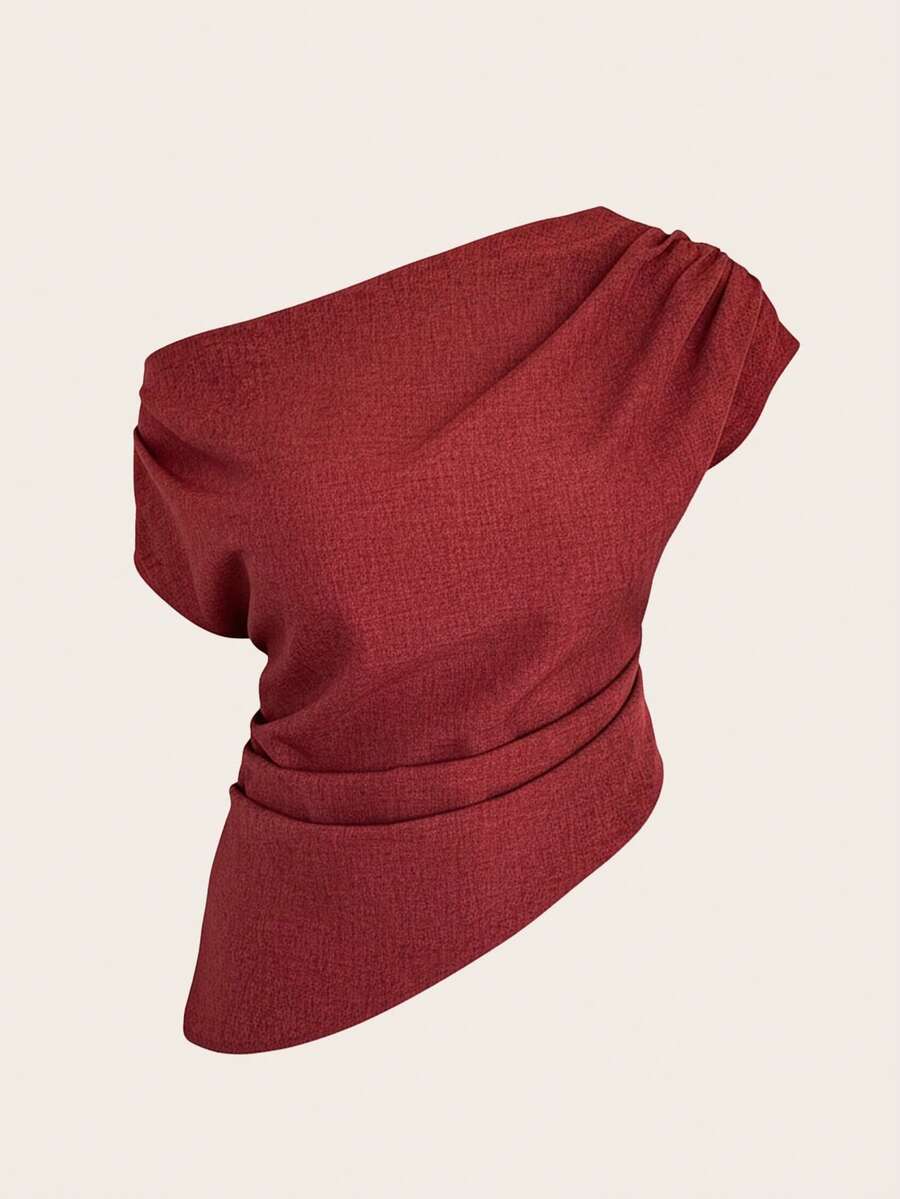 Auralis Plus Size Red Asymmetrical Neck Woven Fabric Blouse With Elegant Ruched Details Batwing Cap Sleeve Plain Regular Length