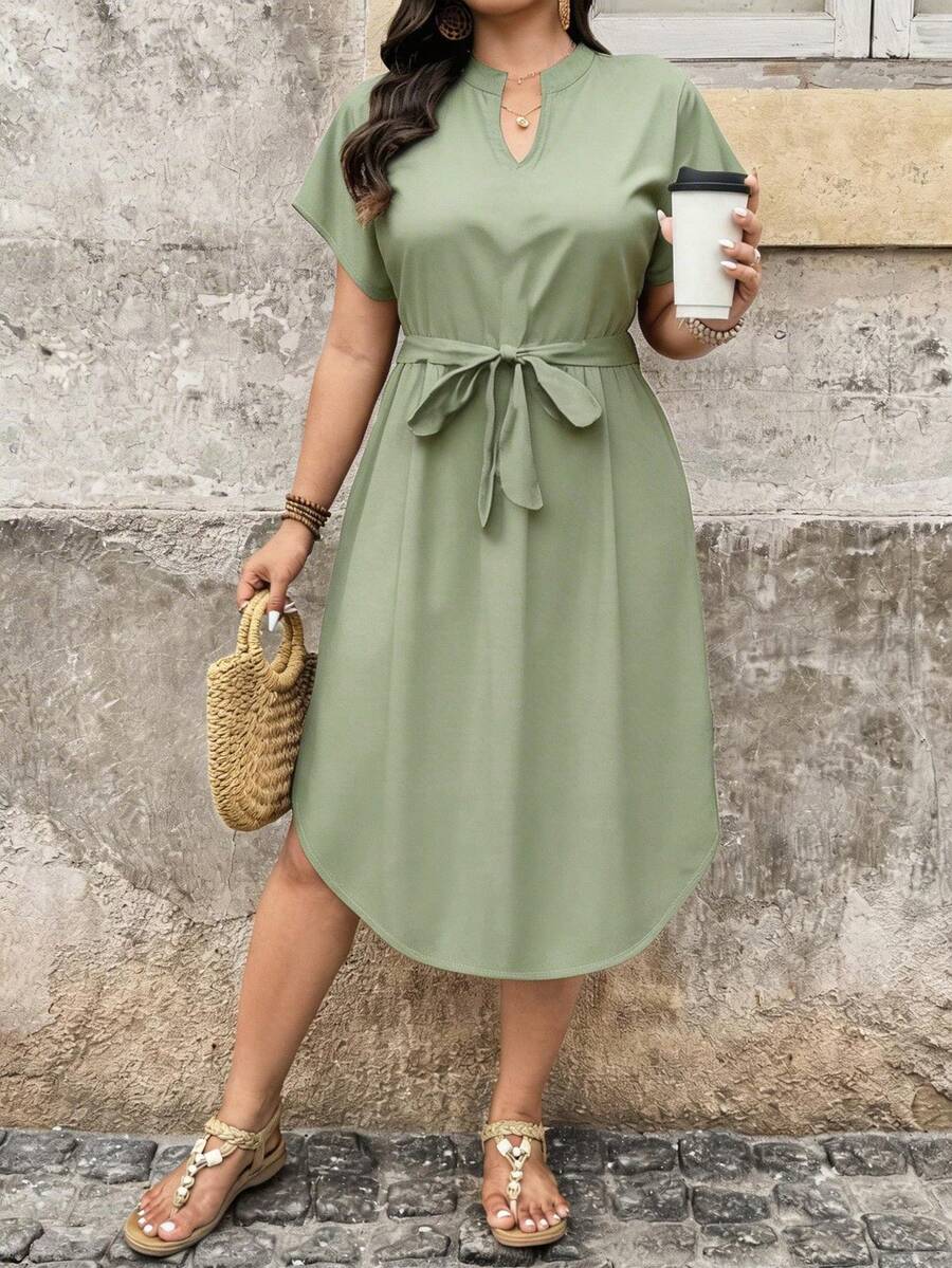 SHEIN LUNE Plus Size Casual Solid Color Notched Neck Dress, Suitable For Summer - Green - View 1