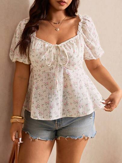 Elaquor Plus Size Summer Casual Ditsy Floral Embroidered Shirt