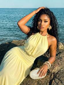 Slaydiva New Early Spring, Spring And Summer Music Festival, Valentine's Day, Easter, Bohemian Style, Nomadic Style, Casual, Simple And Basic, Cruise Party, Birthday Party, Daily Date, Casual Vacation, Elegant Commuting, Round Neck, Halter, Tie, Large Backless, Pleated Design, A Skirt, Light Yellow Dress, Slim Dress, Long Dress, Net Fabric, Long Dress For Women -B - Light Yellow - View 4