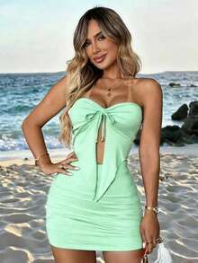 INAWLY Women's Summer New Strapless Asymmetrical Hem Top And Ruched Hem Skirt Sexy 2 Pieces Set - Mint Green - View 5