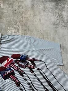 ROMWE MEN 男士麦克风印花条纹短袖衬衫，复古街头风 - 白色 - 查看 3