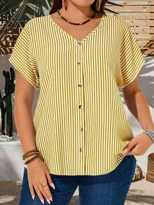 EMERY ROSE Áo sơ mi nữ cỡ lớn kẻ sọc cổ chữ V cài một hàng khuy tay ngắn kiểu dáng thường ngày - Màu vàng ngỗng - Xem 5