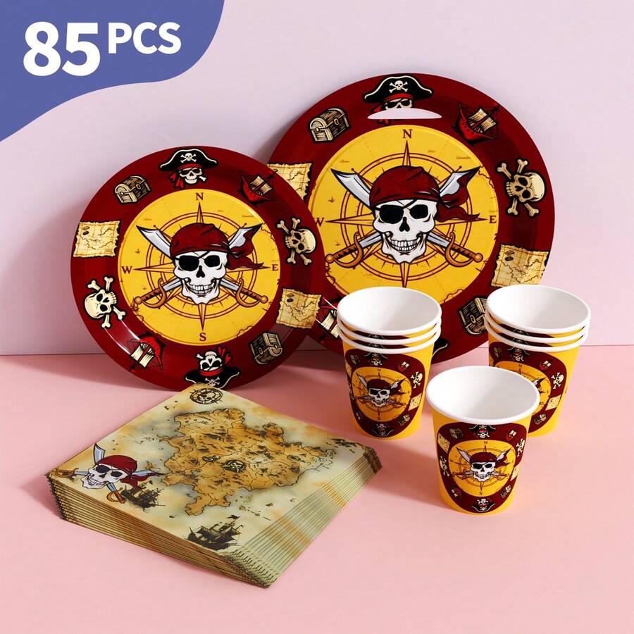 Pirate Voyage Disposable Plates, Napkins And Cups Set, Serves 20 Guests. This Disposable Party Set (Including Plates, Napkins And Cups) Is Perfect For Birthday Parties, Weddings And Family Picnics. - View 1