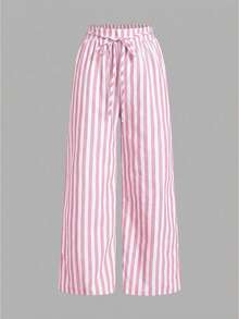 SHEIN Essnce Conjunto de 3 pantalones casuales a rayas blancas y negras con cordón en la cintura y bolsillos, estilo vacacional, adecuado para el verano - Multicolor - Ver 10