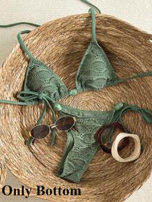 Swim Vcay Women's Jacquard Fabric Side Tie Beaded Bikini Bottom - Army Green - View 3