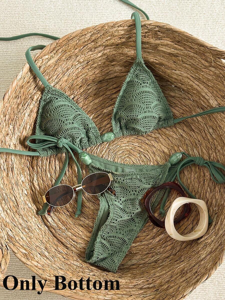 Swim Vcay Women's Jacquard Fabric Side Tie Beaded Bikini Bottom - Army Green - View 1