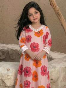 SHEIN DRMZ Young Girl Flamingo Print Long Sleeve Dress,Pink Autumn Holiday Party Arabian Robe,Elegant Floral Collar Kaftan Jalabiya Pakistani Kids Clothes - Multicolor - View 7