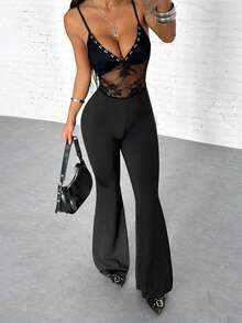 StreetHx Women's Sexy Street Lace Sheer Fitted Flare Jumpsuit - Black - View 1