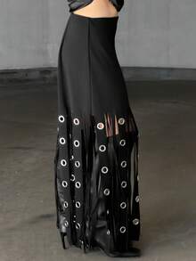 Kuleshova 女士拼接镂空流苏下摆时尚A字裙 - 黑色 - 查看 5