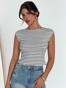 Firerie 优雅圆领宽松休闲百搭无袖针织T恤，适合外出、校园、教师着装、日常穿着、通勤、休闲等场合。 - 黑與白 - 查看 6