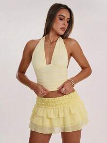 SHEIN BAE Chiffon Ruffle Hem Mini Skirt With Lining, Suitable For Beach Vacation, Music Festival, Summer, Sexy And Cute Mini Skirt - Light Yellow - View 7