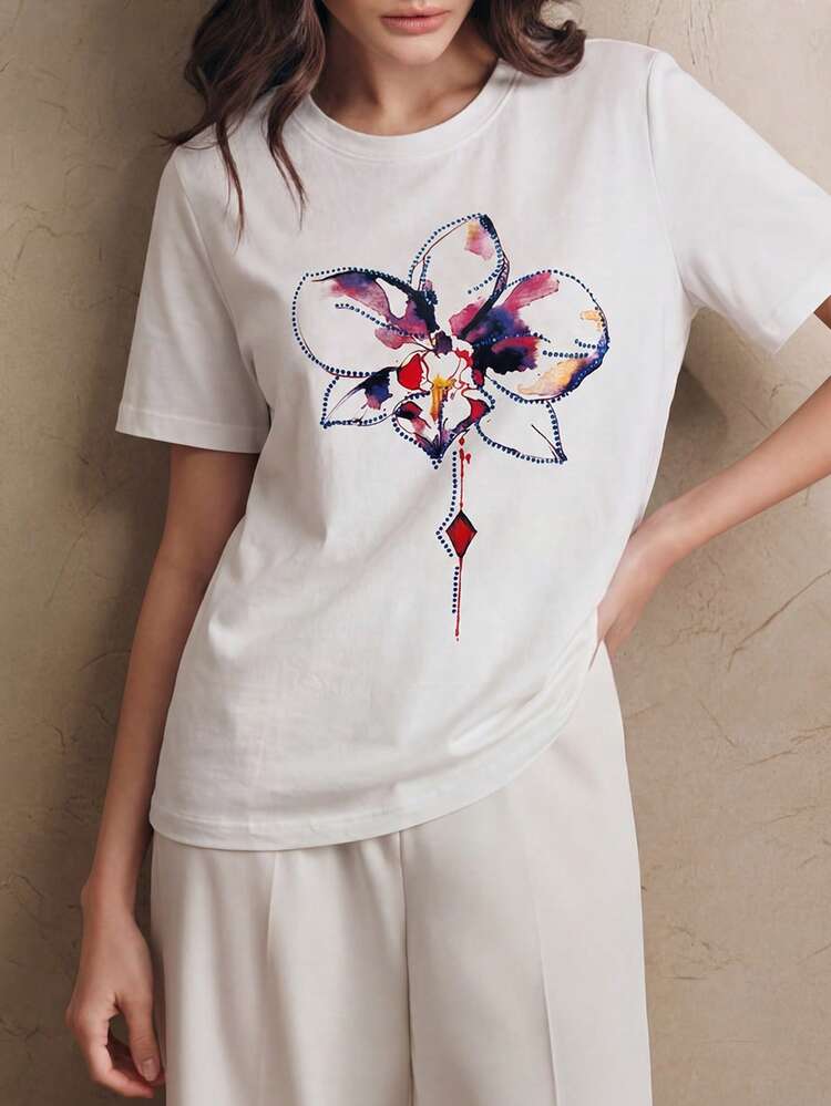 Women's Floral Print Round Neck Short Sleeve Casual Versatile T-Shirt