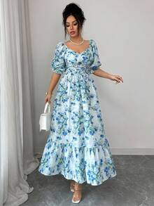 Elenzga Women's Elegant Fashion Commuter Casual Comfortable Charming Retro Minimalist High-End High-End Gentle Lady Palace Square Collar Puff Ruffle Sleeve Front Criss-Cross Tie Waist Slimming A-Line Dress (Random Print) - Blue - View 6