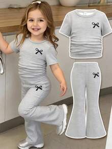 SHEIN Baby Girl Casual Everyday Commute Versatile Bow Print Ruffle Fitted Short Sleeve T-Shirt And Flare Pants Set, Spring/Summer/Autumn - Grey - View 1