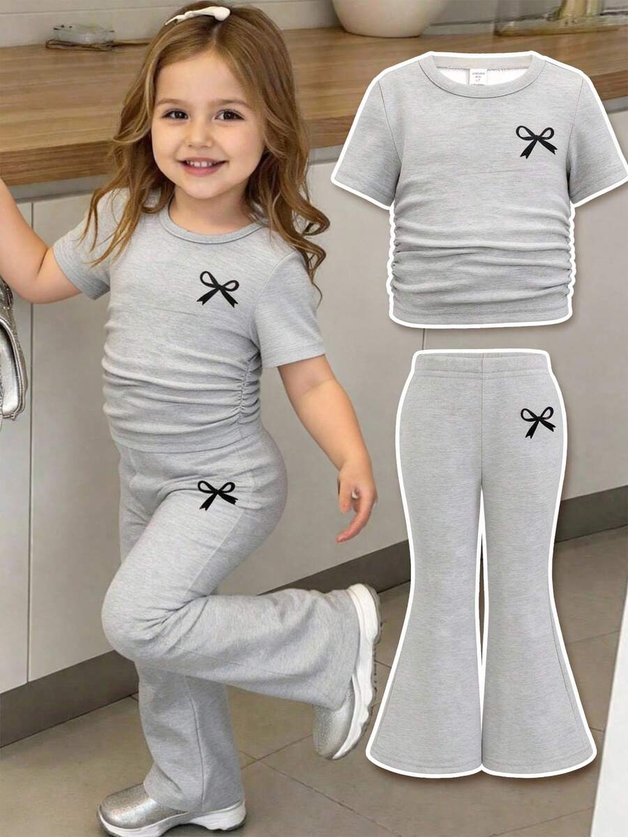 SHEIN Baby Girl Casual Everyday Commute Versatile Bow Print Ruffle Fitted Short Sleeve T-Shirt And Flare Pants Set, Spring/Summer/Autumn - Grey - View 1