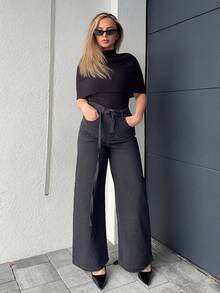 Jeta Ari 女式抽绳腰系带直筒休闲牛仔裤 Old Money 风格商务休闲女装 - 黑色 - 查看 1