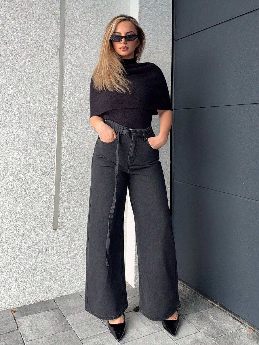 Jeta Ari 女式抽绳腰系带直筒休闲牛仔裤 Old Money 风格商务休闲女装 - 黑色 - 查看 1