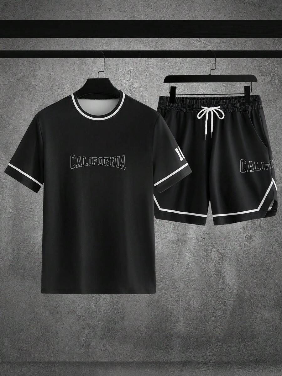 HIMLAND 男士珍珠装饰图案圆领宽松短袖T恤 - 黑色 - 查看 1