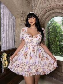 Lyrianda Plus Size Women's Brown Digital Floral Print Puff Sleeve Cute Fashionable Dress Gym Summer - Pink - View 4
