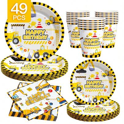 Excavator Happy Birthday Disposable Plates, Napkins And Cups Set, Serves 8 Guests.This Disposable Party Set (Including Plates, Napkins And Cups) Is Perfect For Birthday Parties, Weddings And Family Picnics.