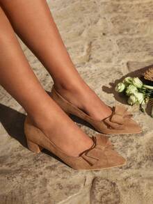 CUCCOO CHICEST Women Shoes Point Toe Bow Decor Fashion Chunky Heeled Suede Court Camel Pumps Vacation Shoes Summer Spring Shoes Spring Break Easter Prom Heels For Christmas Elegant Shoes Wedding Shoes - Camel - View 8