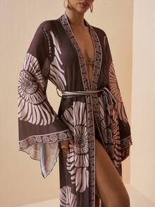 Zivah 2026 女士度假休闲沙滩薄纱印花长款和服式罩衫 - 棕色 - 查看 6