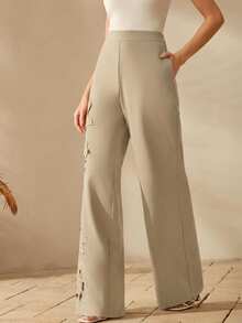 Anewsta Women's Elegant Elastic Waist Embroidered Hollow Out Embroidered Patch Straight Leg Pants, Suitable For Formal Occasions - Apricot - View 5