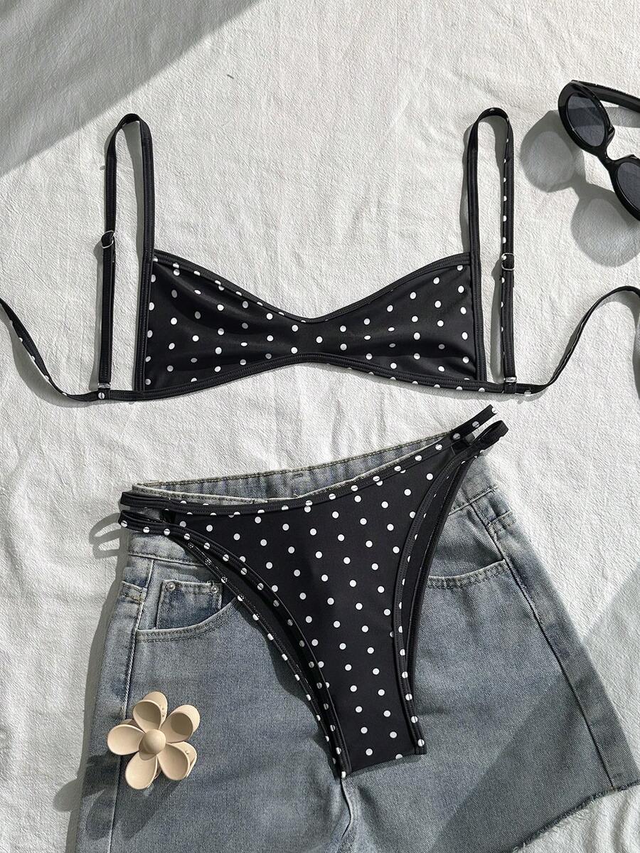 Swim Mod 女士黑白波点细肩带两件式比基尼套装，性感沙滩泳装，夏季度假之选 - 彩色 - 查看 1