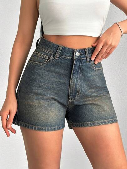 SHEIN 100% Baumwolle High Waist Washed Denim Shorts