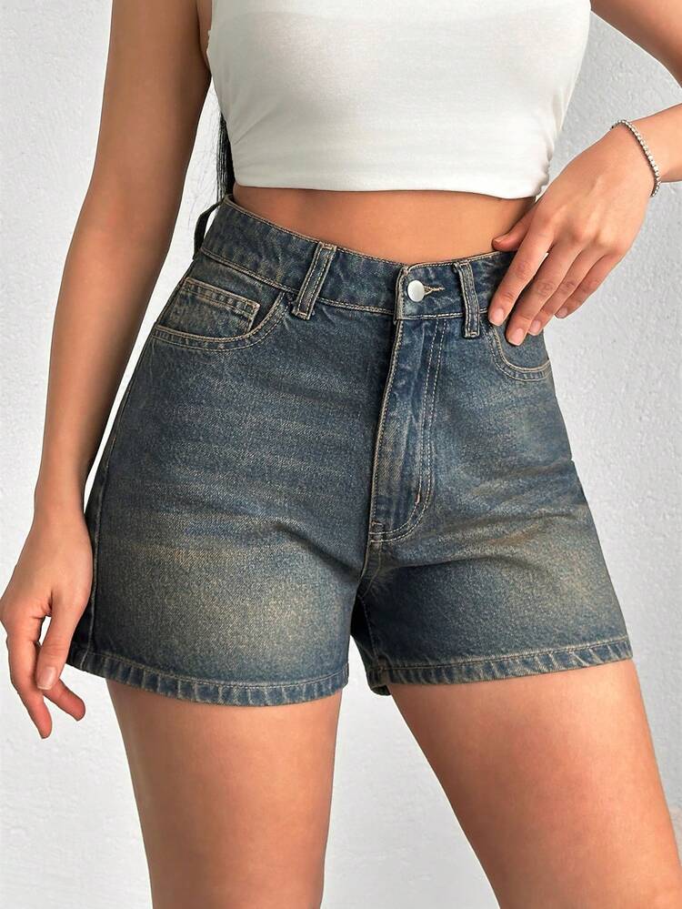 SHEIN 100 Cotton High Waist Dark Blue Denim Short Everyday Summer Casual - Medium Wash - View 2