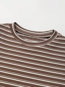 Resyla Women's Striped Round Neck Short Sleeve Cropped Top, Fitted Design, Spring/Summer - Brown - View 3