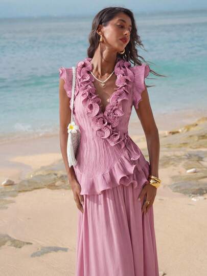 Swim Vcay Áo kiểu dáng cổ điển, thanh lịch, chất liệu chiffon nhẹ, thoải mái, thích hợp cho mùa xuân/hè, có viền bèo nhún và thắt eo.