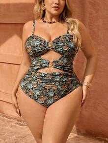 Swim Chiccia Plus Size Women Casual Vintage Random Print Hollow Design Adjustable Strap One-Piece Swimsuit - Multicolor - View 1