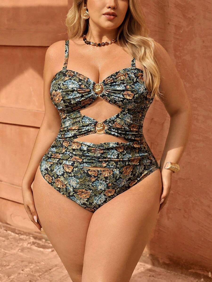 Swim Chiccia Plus Size Women Casual Vintage Random Print Hollow Design Adjustable Strap One-Piece Swimsuit - Multicolor - View 1