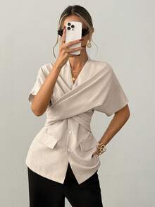 Ritzy Row 时尚燕麦色系带短袖衬衫裙（女款） - 卡其色 - 查看 3