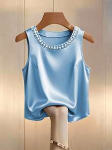 GlowEve CURVE Plus Size Fashionable Casual French Romantic Retro Elegant Commuting Faux Pearl Decor Vest - Blue - View 1