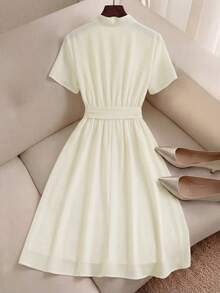 Lyxana Women's Elegant And Dignified Bowknot Collar Dress - Apricot - View 2