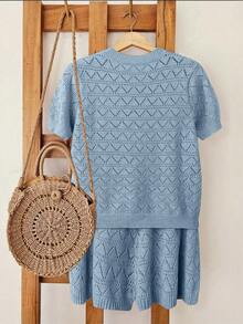 GlowEve Conjunto de 2 piezas de top de punto con abertura y pantalones cortos de unicolor casual para mujer - Celeste - Ver 2