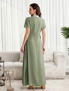 Al Najma Đầm ngắn tay cổ chữ V thanh lịch thêu sequin dành cho nữ, thích hợp cho mùa hè. - màu xanh lá - Xem 6