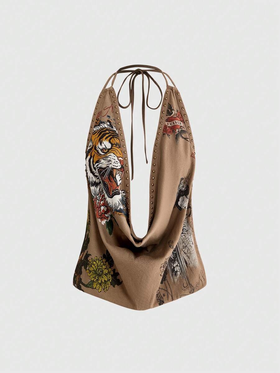 ROMWE Grunge Punk Y2K复古铆钉虎头艺伎印花水钻性感深V领吊带背心 - 卡其色 - 查看 1