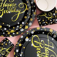 Bộ đồ dùng dùng một lần màu đen bóng, gồm đĩa, khăn ăn và cốc, in chữ "Chúc mừng sinh nhật", phục vụ 20 người. Bộ đồ dùng tiệc dùng một lần này (bao gồm đĩa, khăn ăn và cốc) rất phù hợp cho các bữa tiệc sinh nhật, đám cưới và dã ngoại gia đình. - Xem 6